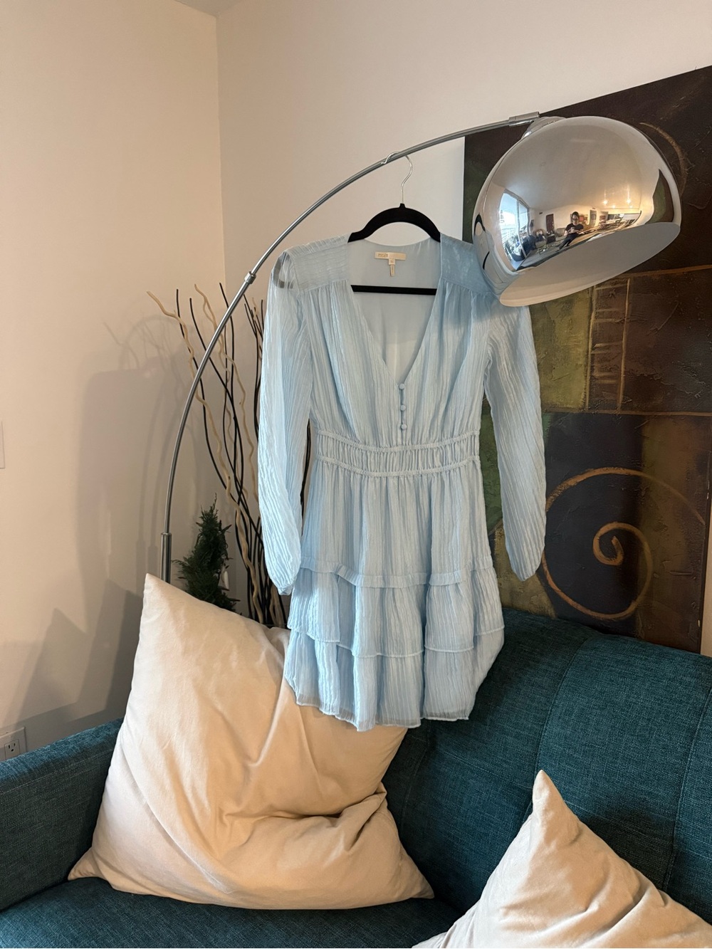 Maje Pale Blue Tiered Long-Sleeve Dress